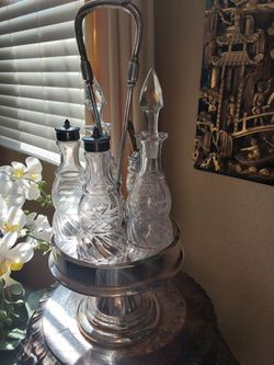Vintage Crystal Cruet Set with Silver Caddy