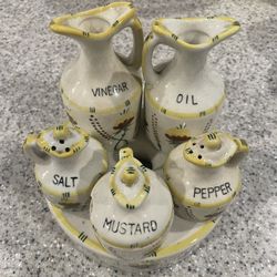 Salt, pepper vinegar, oil, mustard set