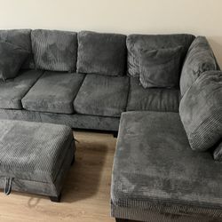 New Corduroy Sectional With Storage Ottoman.  Grey.  Free Delivery!
