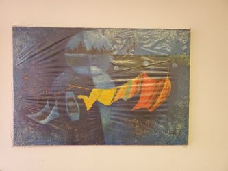 Painted Abstract Art Blue Night Boat Harbor Scene 24"x36" Painting