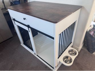 Modern Wooden Dog Crate Furniture with Sliding Barn Door & Side Access, Rotating Feeder Kennel for Medium-Large Dogs, Farmhouse Style, White