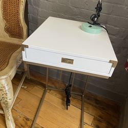 White and Gold Plug In Side Table With Additional Outlets Built In