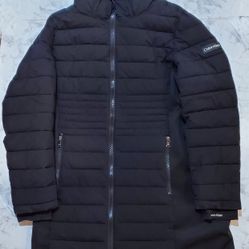 Calvin Klein Women’s Long Light-weight Black Hooded Winter Puffer Jacket Size L