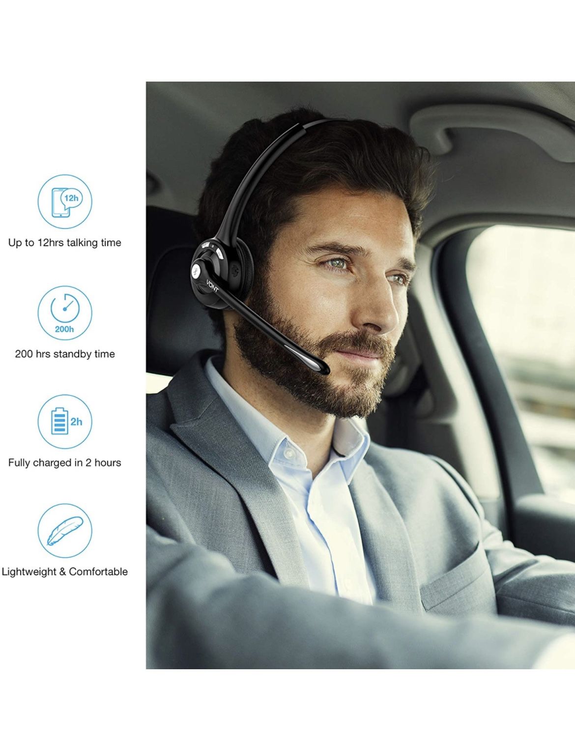 Vont Bluetooth Headset with Microphone, V5.0, Wireless Headset, CVC 6.0 Noise Cancel, Bluetooth Headphones with Mic, Phone Headset, Headsets Suitable