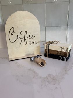Coffee Bar decor bundle: Sign, Stacked Books, and Wood Scoop with Coffee Beans