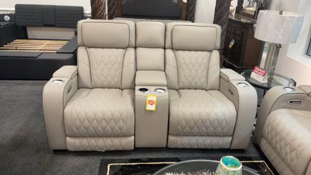 Beige Real Leather Electric Reclining Loveseat With Heated Seats And Air Massage