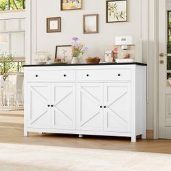 55'' Kitchen Sideboard Buffet Cabinet, 4-Doors 2-Drawers Farmhouse Storage Cabinet with Adjustable Shelves, White & Black