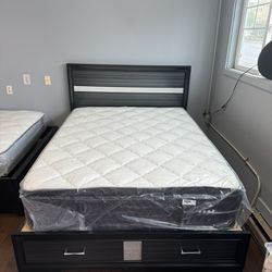 Black Faux Diamond Queen Bed Frame With Firm Pillow Top Mattress