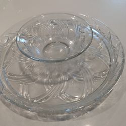 Vintage Anchor Hocking Glass Chip & Dip Set or Cake Stand Swirl Pattern