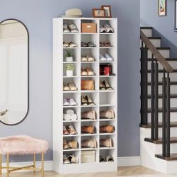 10-Tier Shoe Storage Cabinet White Wooden Shoe Rack with 30 Cubbies $130