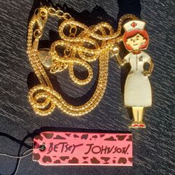 Betsey Johnson Nurse Sweater Pin Pendant 27 Inch Chain Necklace 