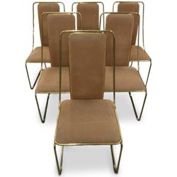  Set of (6) mid century modern dining chairs, the frames are constructed from tubular brass, with a cantilever design. Retail $2400