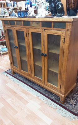 Oak Sedona Bookcase with Glass cabin and stone accents- Located in Shelton