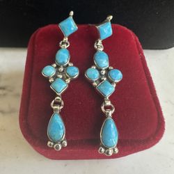925 Sterling Silver , Beautiful Genuine Turquoise Dangle Earrings , Hallmarked, Just Under 2in Long , Great Condition , Hallmarked In Photos 