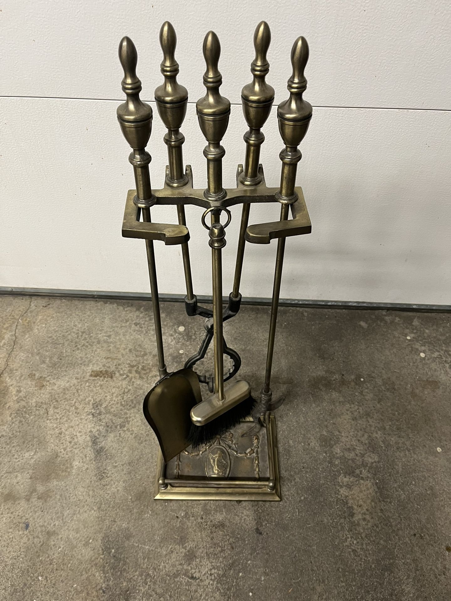 Antique MCM Brass Fireplace Tool Set Lady Barbola Swag Ribbon Victorian Metal Vtg