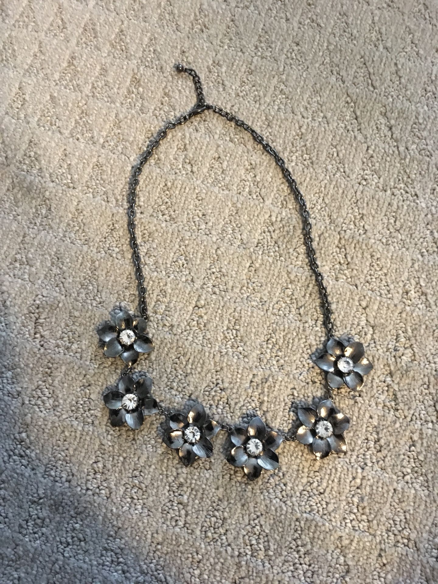 Dark Silver Flower Necklace with Faux Crystals, Statement Costume Jewelry