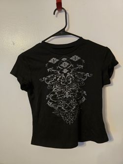 Women's Black Floral Graphic T-Shirt S Short Sleeve Pullover Crew Neck