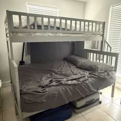 Solid Wood Grey Bunk Bed + 2 Full Sized Mattresses 