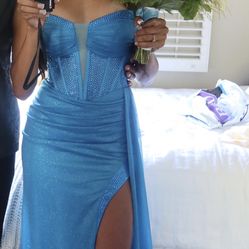 Blue sparkly prom dress with slit 