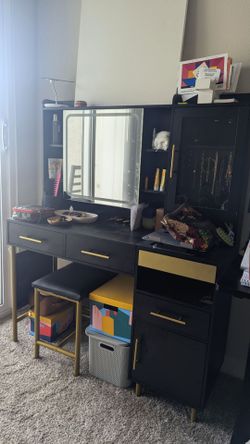 Makeup Vanity with Charging Station, Mirror,  Lights & Jewelry Storage,