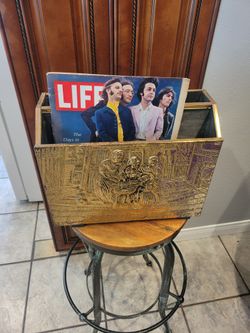 Vintage Hammered Brass Magazine Rack 2 Compartments 