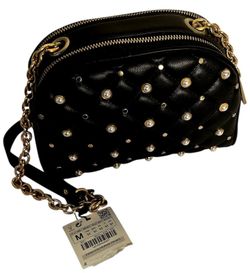 Zara Pearl Studded Quilted Crossbody Bag Black Gold Chain NWT Trendy Purse
