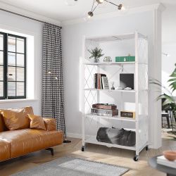White 5-Tier Storage Shelving Unit, Metal Shelf Foldable Storage Shelf with Wheels No Assemble Require