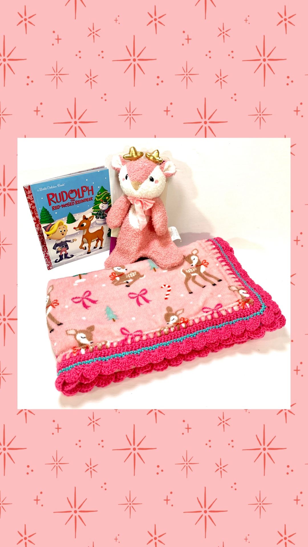 Vintage Christmas Clarice Style Girl Reindeer Crochet Baby Blanket Gift Set