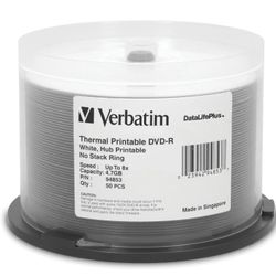 Verbatim DVD-R 4.7GB 16X DataLifePlus White Inkjet Printable, Hub Printable - 50pk Spindle
