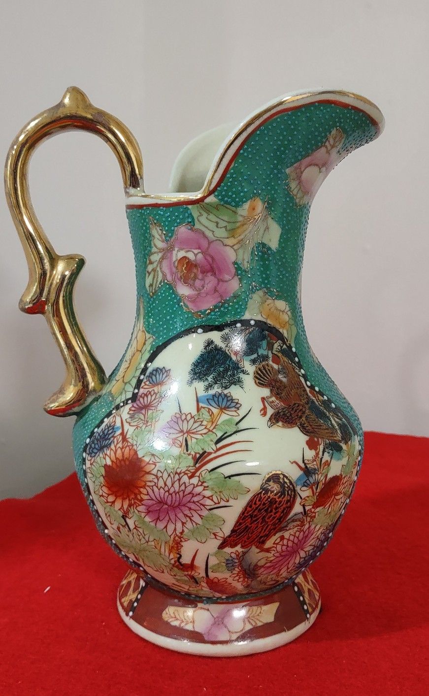 Vintage Chinese Pottery Pitcher Enameled Birds;made in China;9" Tall.