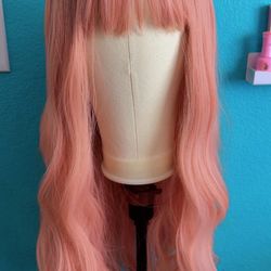 Rose gold, heat resistance synthetic wavy, long wig, hair