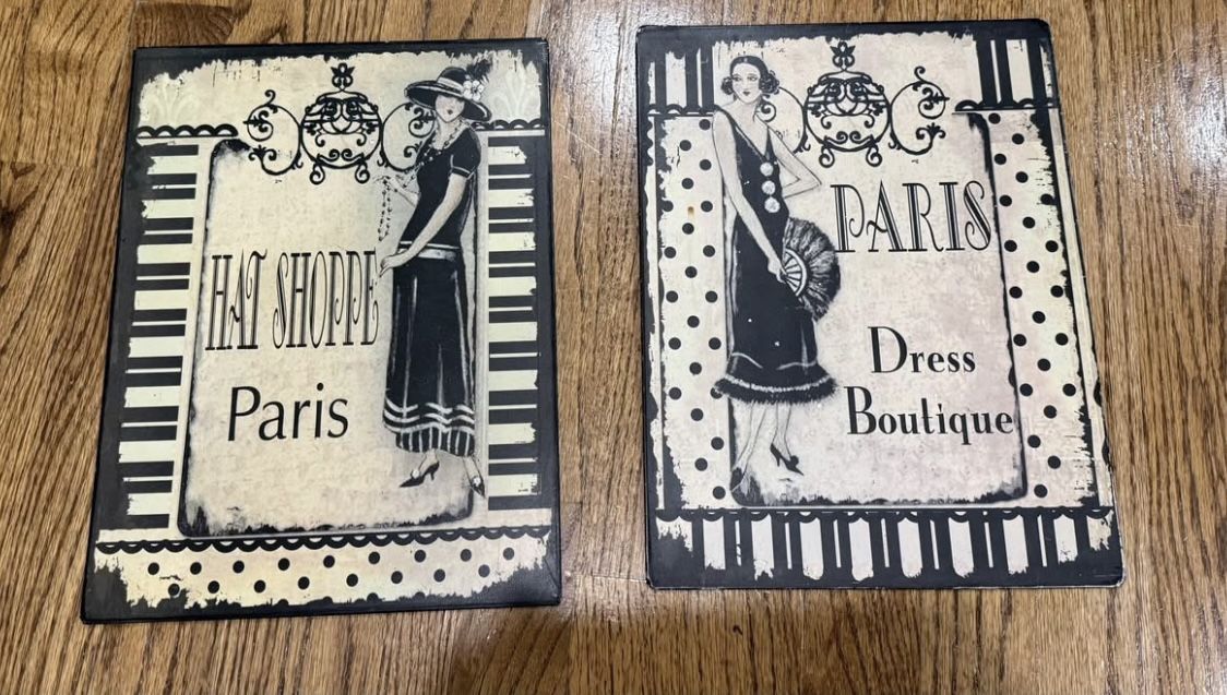 Paris Vintage Metal Wall Art Set Of 2 Dress Boutique Hat Shoppe 1930s