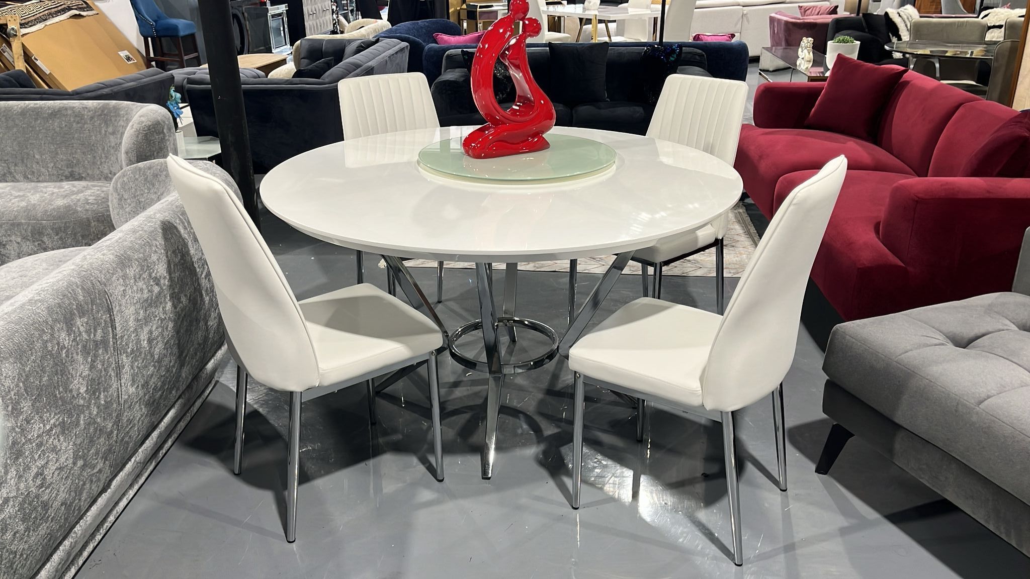 5 PIECE DINING TABLE SET WHITE ROUND LEATHERETTE CHAIR