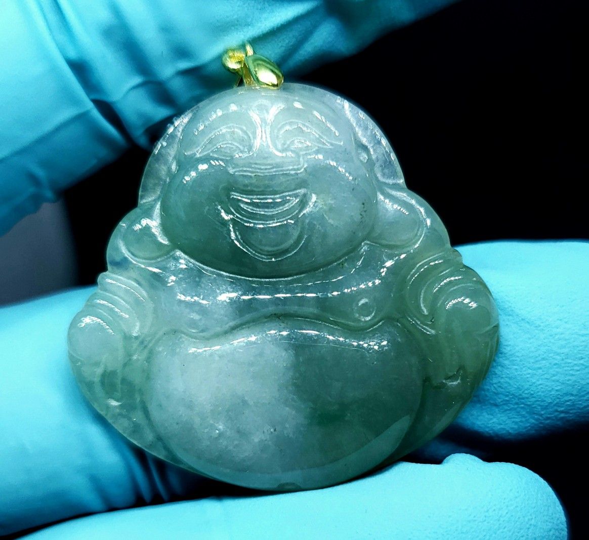 Burmese icy type A jadeite jade pendant lucky happy Buddha. Certified.