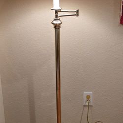 VTG Stiffel Style Swing Arm Floor Lamp Brass MCM Ivory Pleated Shade 55"