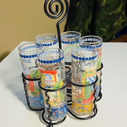 Vintage Set 6 Tropical 4” Tall Shot Glasses With Metal Caddy 