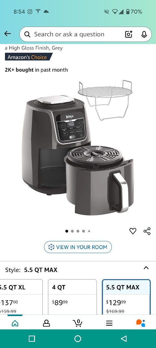 Ninja AF161 Max XL Air Fryer that Cooks, Crisps, Roasts, Bakes, Reheats and Dehydrates, with 5.5 Quart Capacity, and a High Gloss Finish, Grey