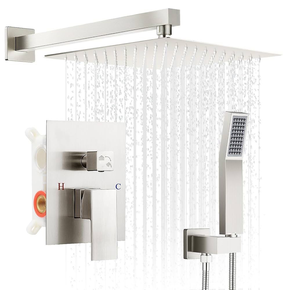 Brushed Nickel Shower Faucet Set, 10 inch Rain Shower System w/Pressure Balance Valve, Wall Mounted 2-Functions Bathroom Shower Systems w/Rain Shower