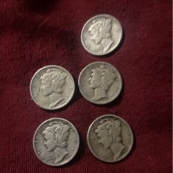 Lot Of 5 Liberty (Mercury)Dimes 90%silver