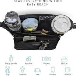Lulyboo Universal Baby Stroller Organizer with Removable Wallet, Adjustable Straps, Drink & Toy Pockets, Phone Pocket, Clip-On Convenience, Gray/Black