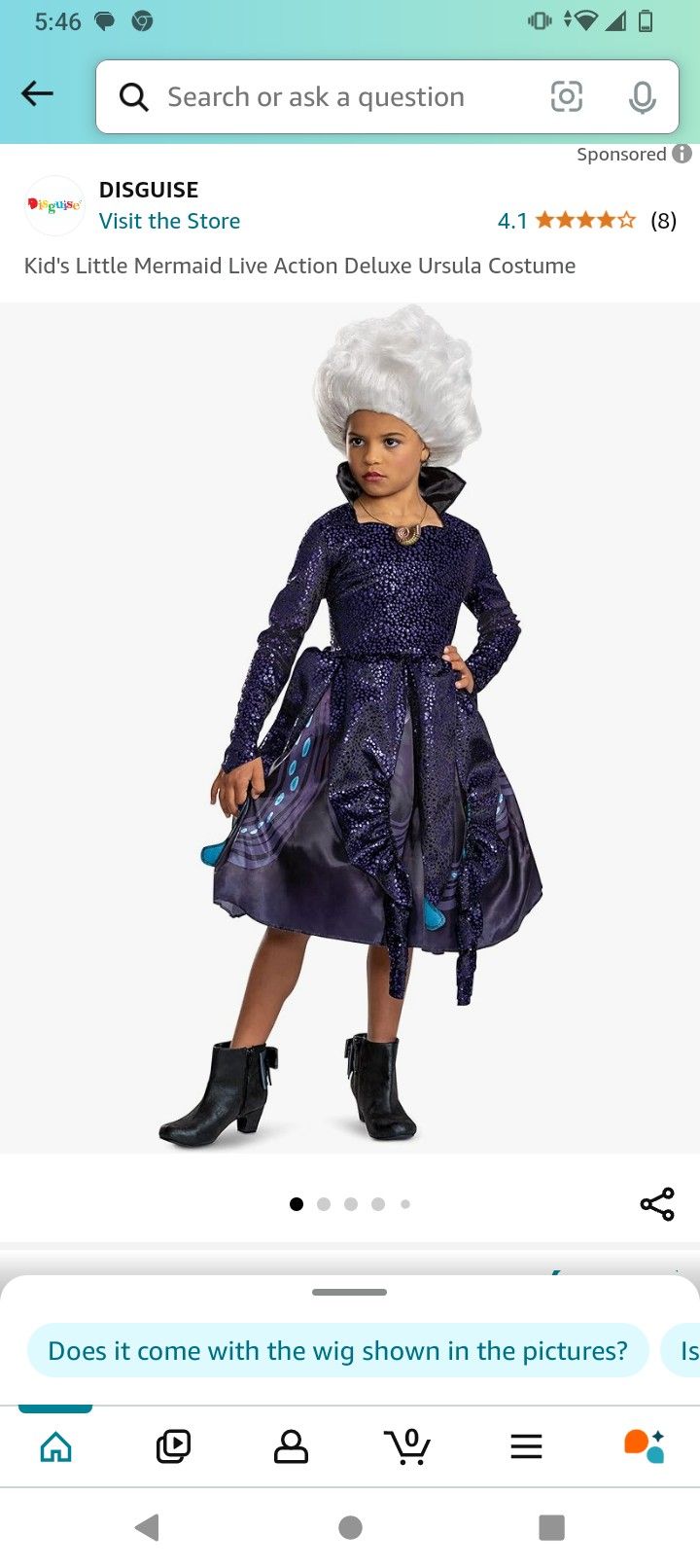 Kids Size 6X Brand New Ursula Costume With Wig In Packaging Never Used