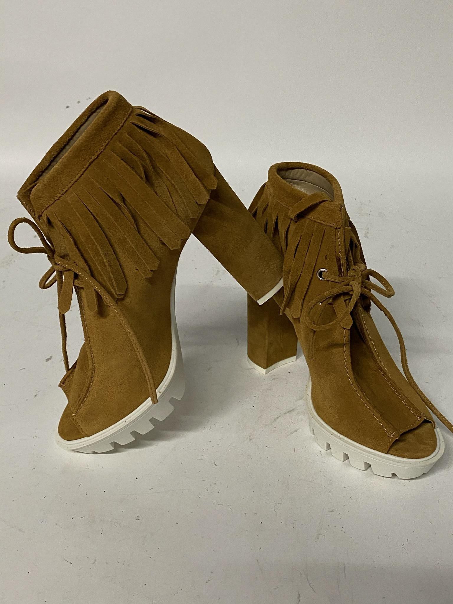Brand new BCBGMaxAzaria Brown Suede Peep-Toe Booties with Fringe, Size 6.5