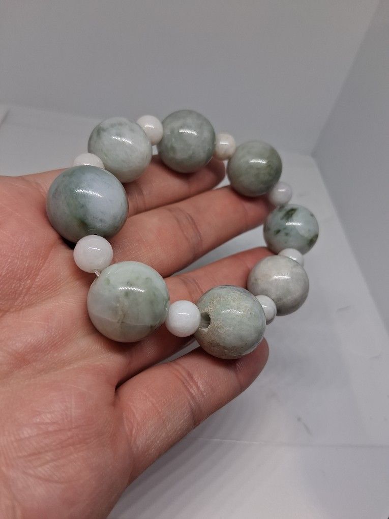 Genuine Green Jade Jadeist Burma Form Thailand Giant Beas 18mm Stretchy Bracelet Fot Form 7_8" Wrist