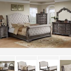 Sheffield Antique Gray Upholstered Sleigh Bedroom Set ( Queen, king, twin, full bedroom set - bed frame- tall dresser, nightstand and chest, mattress 