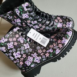 Union Bay Women's Ginny Combat Boots Black Floral Zipper Faux Leather 9 NWT