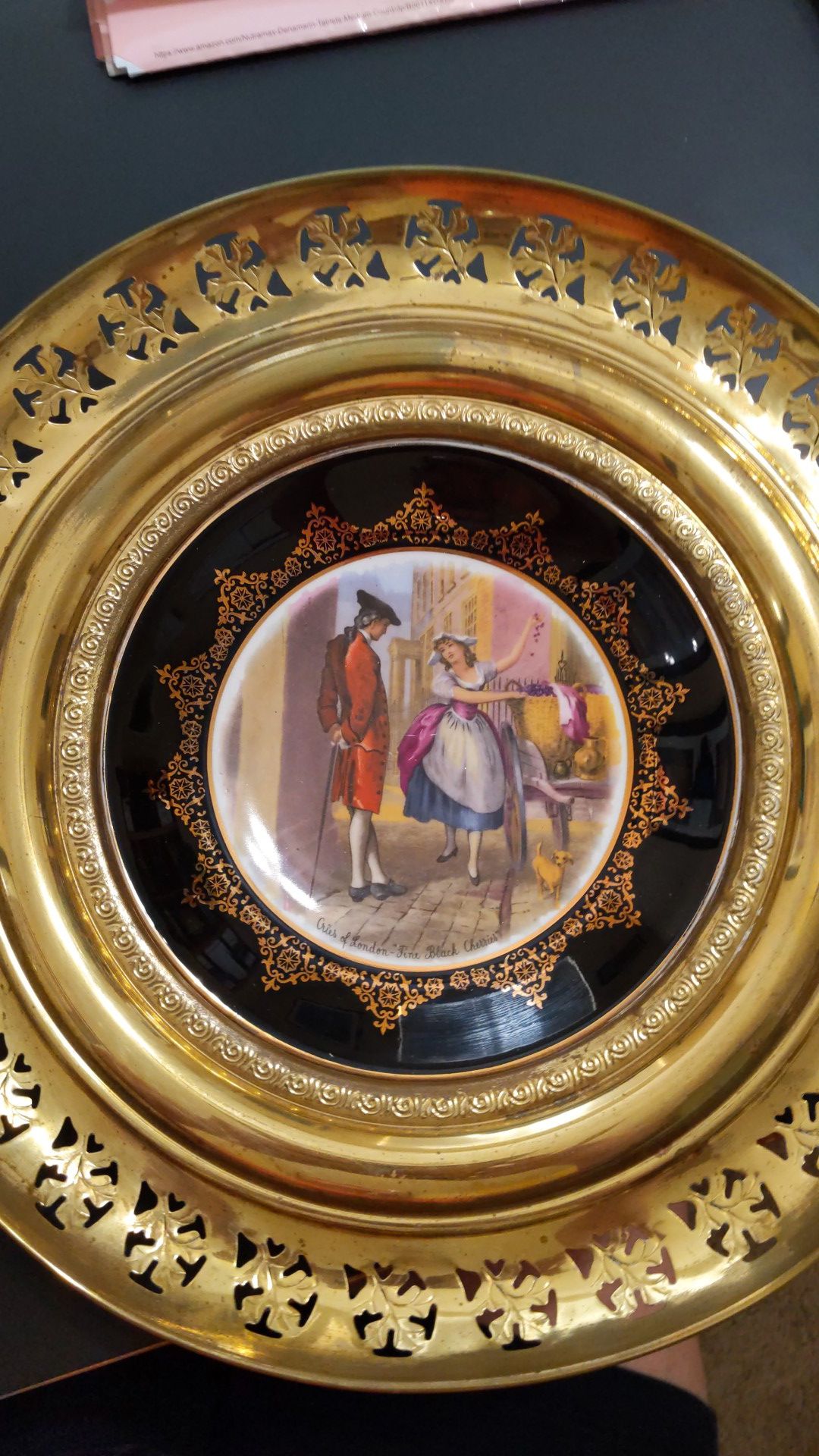 Antique Regency Bone China Gilded Plate in Brass Holder