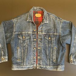 Vtg 80s Levi's Blue Denim Buffalo Plaid Flannel Lined Trucker Jacket USA XL