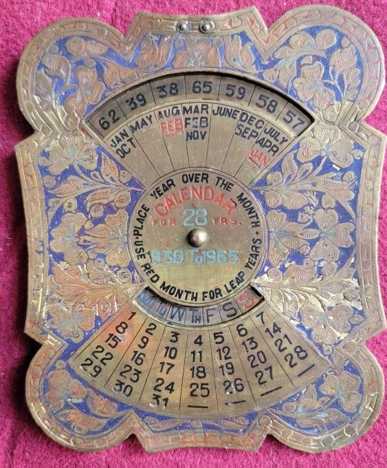PERPETUAL CALENDAR 28 Year Mid Century 1937 to 1965 Brass 5in Floral Design RARE