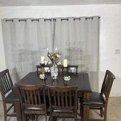 Handsome High Dining Table & 6 Chairs With Removable Seat Covers!
