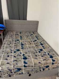 Grey Upholstered Queen Bed Frame & Mattress Set – Like New! (Option to buy separately)